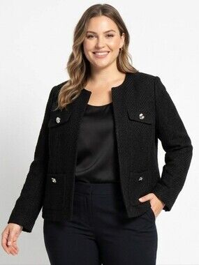Size 16 XL Anne Klein Black Bouclé Collarless Blazer Decorative Gold Buttons